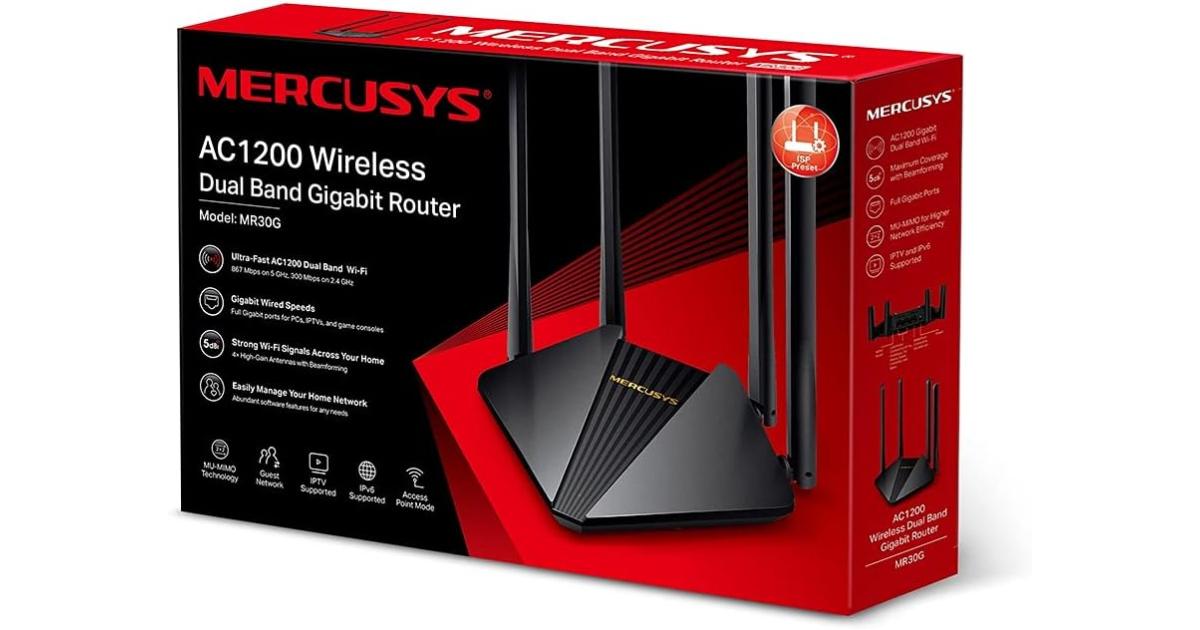 راوتر MERCUSYS MR30G AC1200Mbps Dual Band Gigabit WiFi , Speed up to 1.2Gbps, Gaming with Full Gigabit Ports for Xbox, PS4, PCs, IPTV and IPv6 Supported, Stream HD Videos, Easy Setup