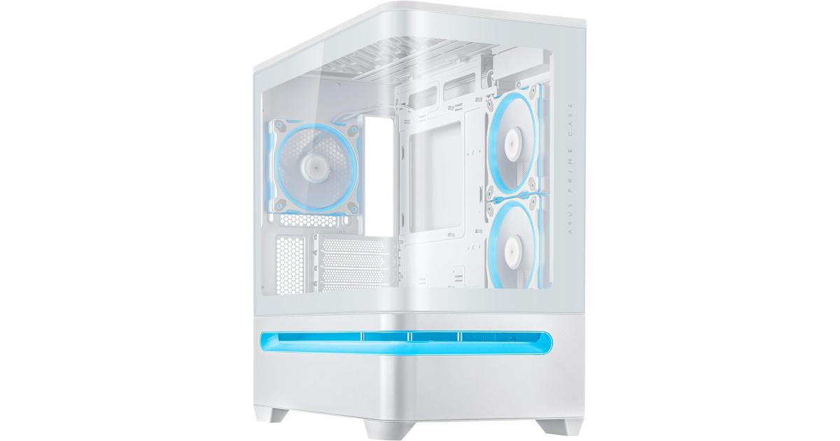 كيس كمبيوتر ASUS Prime AP202 ARGB White mATX with Fully Tempered Curved Glass, Supports Graphics Cards up to 420mm Long, 360mm Long radiators, Easy-Detach Rail, Patented Slot Vent, 3 Built-in ARGB Fans