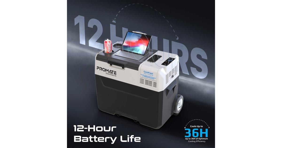 Promate PowerCooler-40 CoolFast 40 Liters Portable Outdoor Mini Refrigerator, 52000mAh Powerpack, 42G/R134A Fridge Refrigerant, 400lm LED Flashlight, 1.5m Power Adapter Cable, Gray/White