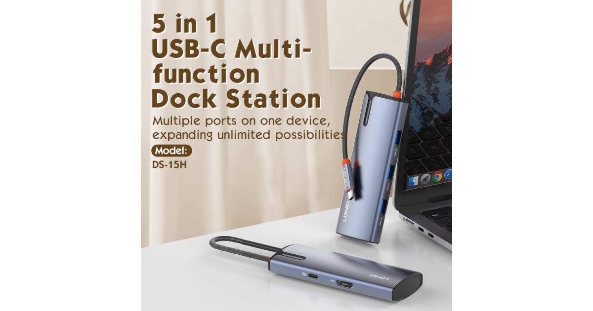 LDNIO DS-15H High Quality 5 in 1 Multiport Type C 100W Power Docking Station USB-C Hub Adapter for Laptop OEM Support - Gray