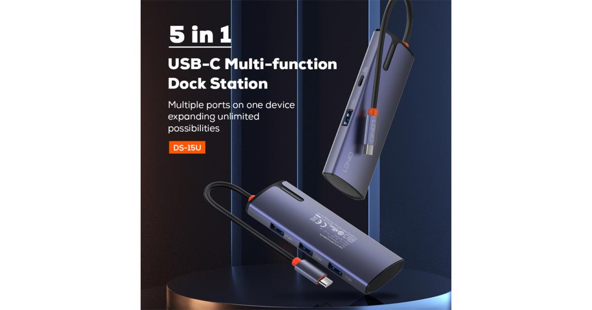 موزع منافذ (USB Hub) LDNIO DS-15U USB Type c Hub 5 in 1 Multi-Function Adapter for MacBook Pro and Type C Windows Laptops - Gray
