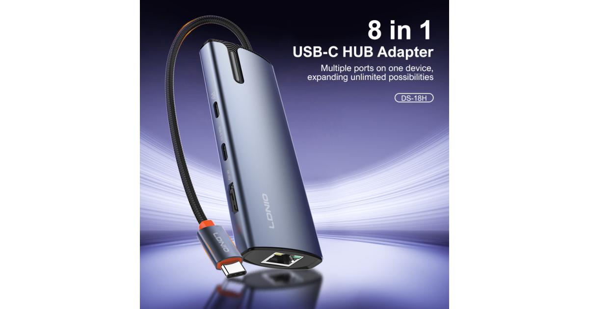 LDNIO DS-18H New Trending 8 in 1 Type-C to USB-C 3.0*1+USB C2.0/Pd100W*1+HDMI*1+USB3.0*2+RJ45*1+SD2.0*1+TF2.0*100W PD Charging Docking Station for Laptop mac- Gray
