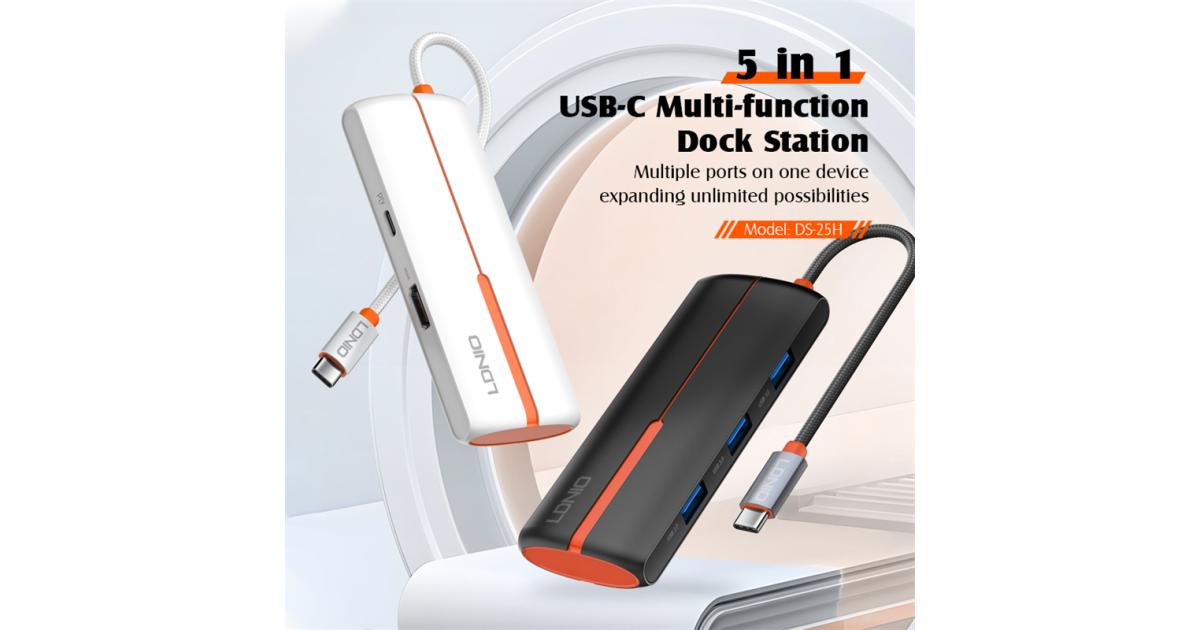 موزع منافذ (USB Hub) LDNIO DS-25H 5 in 1 Type-C Hub Multiport Dock Station with 4K HDM1 USB3.0 USB2.0 PD Charging Adapter 5 Ports USB C Hubs - Black