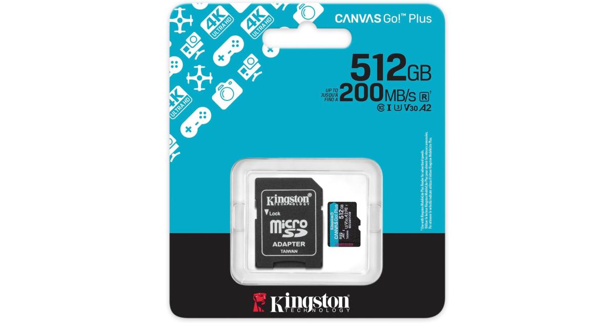 Kingston 512GB microSDXC Canvas Go Plus 200MB/s Read UHS-I C10 U3, V30 Memory Card