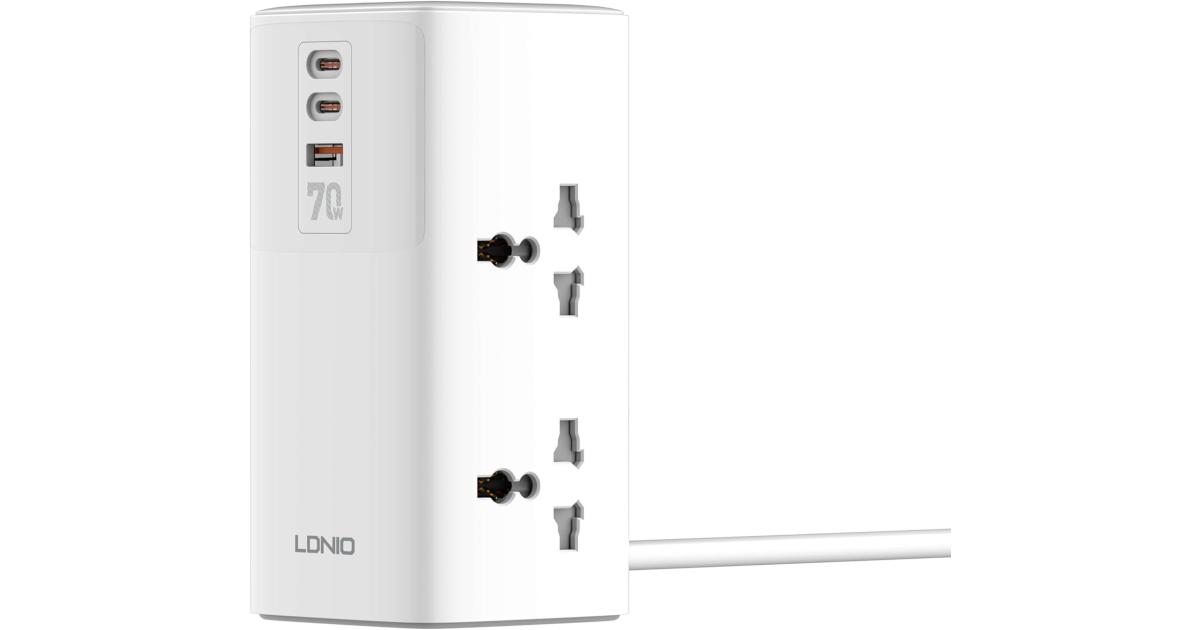 LDNIO SC4383 2USB-C+USB-A Power Strips 2500W Tower Extension Power Socket with 70W USB Ports for Phone Charger EU US UK Plug - White
