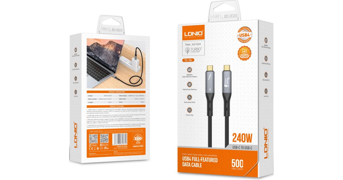 شاحن LDNIO TC11C Thunderbolt 4 Certified USB C to USB C Cable, 8K/4K Display/40Gbps / 240W Super-Fast Cable 1M - Black