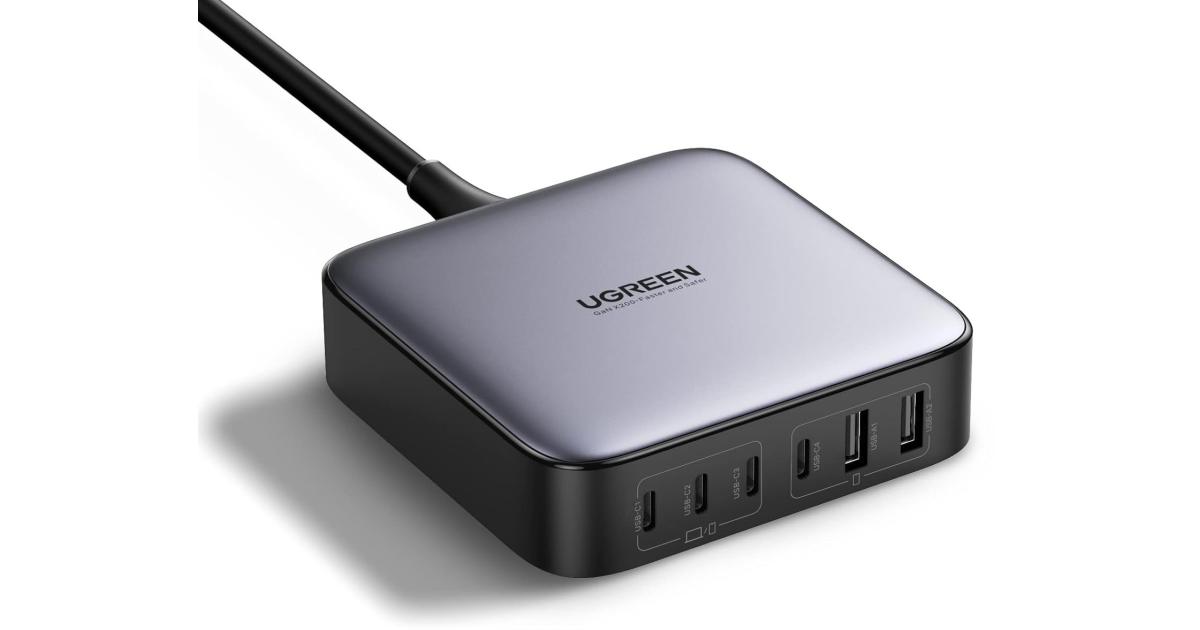 شاحن UGREEN Nexode 200W GaN USB C Charging Station, 6-Port Desktop for MacBook Pro/Air, iPad Pro/Air, iPhone 17/16/15 Series, Galaxy S25/S24 Ultra, Pixel 10/9, Steam Deck - Gray