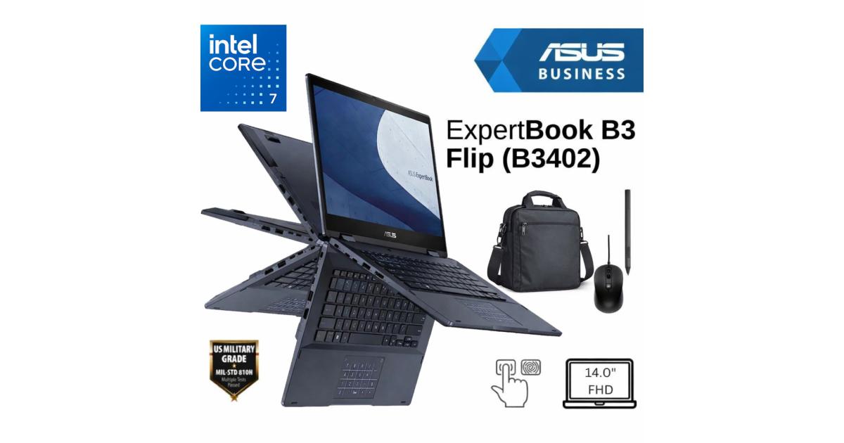 ماوس Asus ExpertBook B3 Flip (2025) B3402FVA Intel Core 7 10-Cores Business Class Military-Grade Aluminum 2-in-1 Touch Display Bundle ((Carry Case + + Styluse))