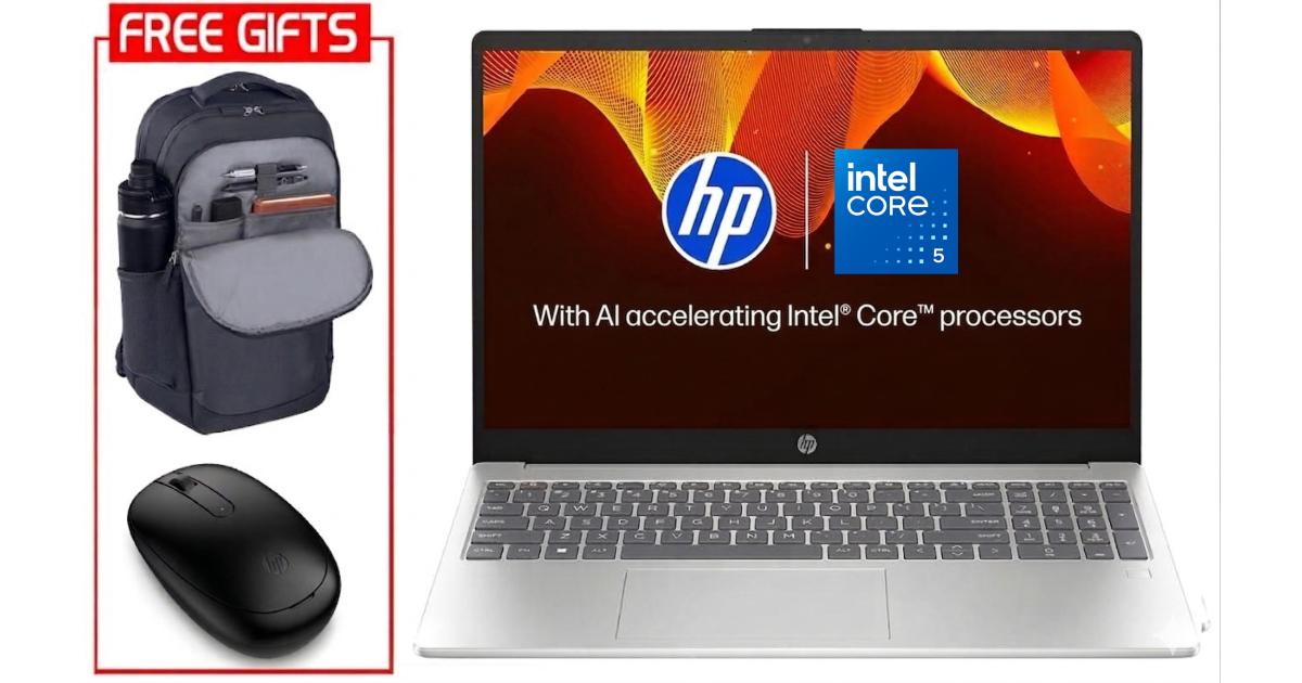 لابتوب HP 15-fd0380ne (2025) NEW Intel Core 5 120U 10-Cores w/ Backlit Keyboard & Bundle ((HP BackPack + HP Bleutooth Mouse)) - Natural silver