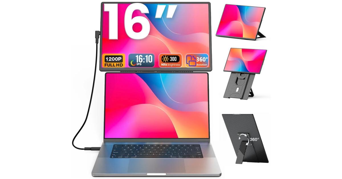 شاشة V2COM N2 16" IPS Full HD Portable Extender with Height-Adjustable Case Stand, 360° Rotation & Vertical Lift, USB-C/HDMI Plug & Play VESA Mount Support