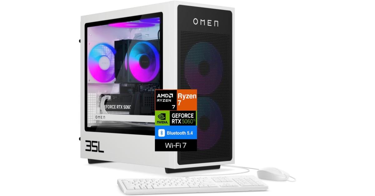 كمبيوتر ألعاب مكتبي HP OMEN 35L GT16-0344 AI AMD Ryzen 7 8700F 8-Cores w/ Nvidia RTX 5060 TI 16GB DDR7 & Windows 11 Home - White