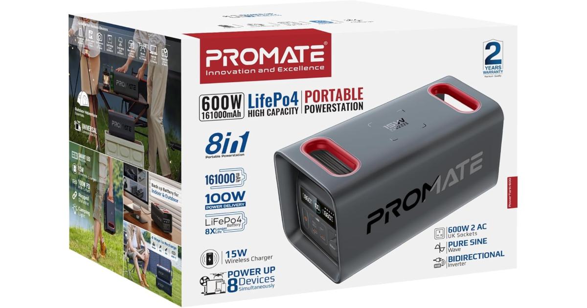 Promate PowerTank-600 600W LiFePO4 Power Station, 161000mAh, PD 100W & 30W USB-C, Dual 600W AC, QC 18W USB-A, 15W Wireless, DC Car Port, Solar Input, 1.8Hr Fast Recharge, Black