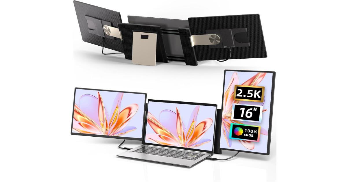 V2COM S7 Pro 16" 2.5K QHD IPS Triple Screen Extender,100% sRGB, USB-C & Mini HDMI, Dual Speakers, Ultra-Slim Detachable Design, Narrow Bezels, Black
