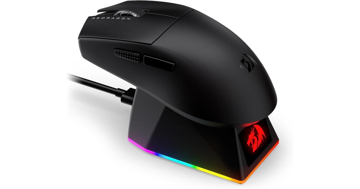 ماوس ألعاب لاسلكي Redragon K1NG M999 Ultra Lightweight with RGB Magnetic Charging Dock, BT/2.4G Wireless/Wired Optical Mice, 45000 DPI, 5 Programmable Buttons for PC/Mac, Black