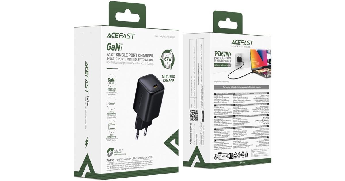 شاحن ACEFAST A134 PD 67W Mini GaN USB-C Fast Portable Power Adapter for Phones / Tablets / Laptops, EU Plug - Black