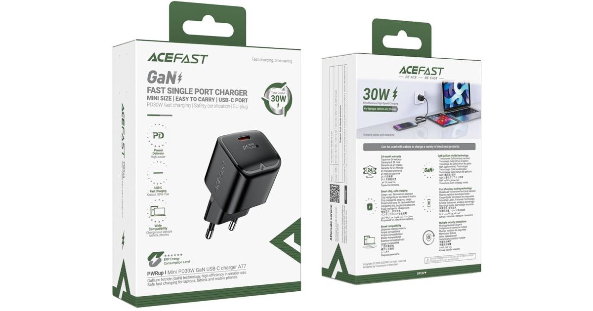شاحن حائط ACEFAST A77 Mini PD 30W GaN Type-C Port Phone Fast Charging Adapter, EU Plug - Black