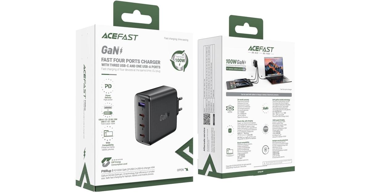 شاحن ACEFAST A94 PD 100W GaN Phone 3 Type-C + USB-A Four Ports Power Adapter, EU Plug - Black