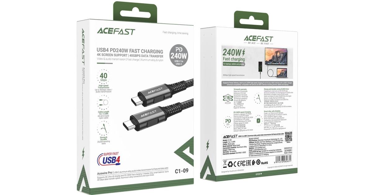 ACEFAST C1-09 1m PD 240W USB C to USB C Cable 40Gbps Data Transfer Cord with Audio / Video Support