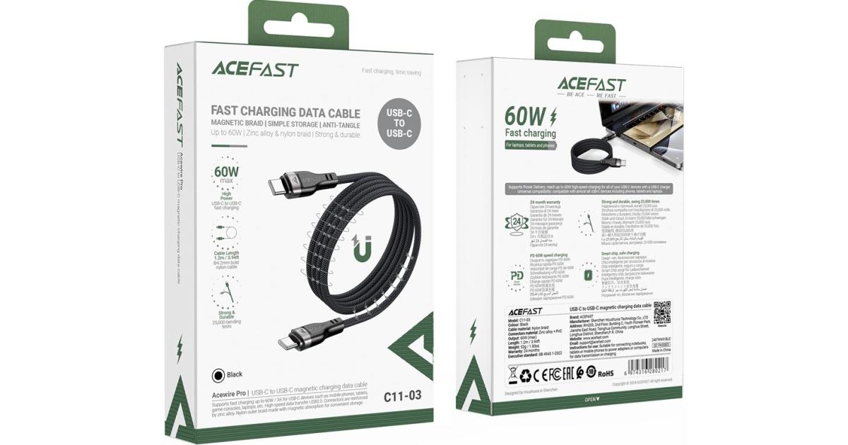كابل شحن ACEFAST C11-03 1.2m USB-C to USB-C 60W Fast Magnetic Braided Data Cord - Black