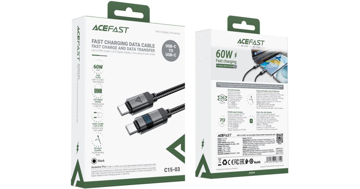 كابل شحن ACEFAST C15-03 1.2m USB-C to USB-C LED Power Display Braided Data Cord - Black