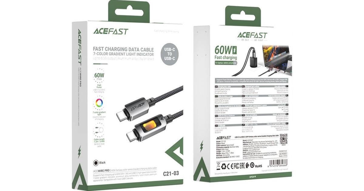 ACEFAST C21-03 1.2m USB C to USB C Cable 60W Charging Data Transfer Braided Cord with Colorful Light - Black