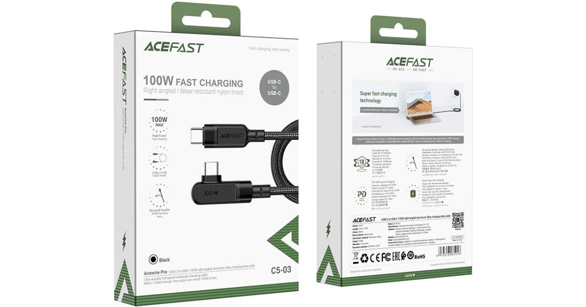 ACEFAST C5-03 USB-C to USB-C 100W Right Angled Charging Data Cable 2M - Black