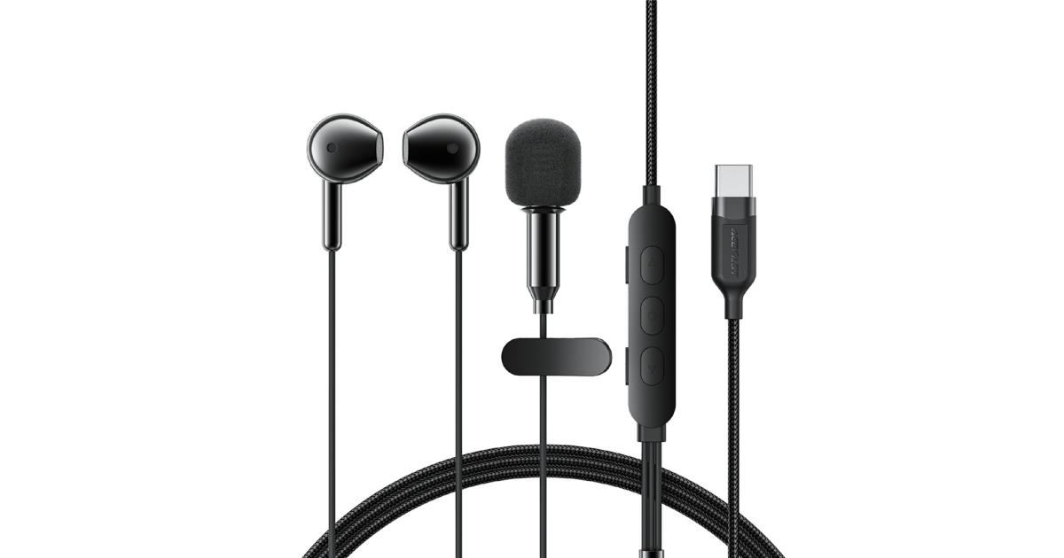 ACEFAST L12 USB-C Semi In-Ear Karaoke Wired Earphones Built-In Microphone for Live Streaming / Recording / Gaming - Black