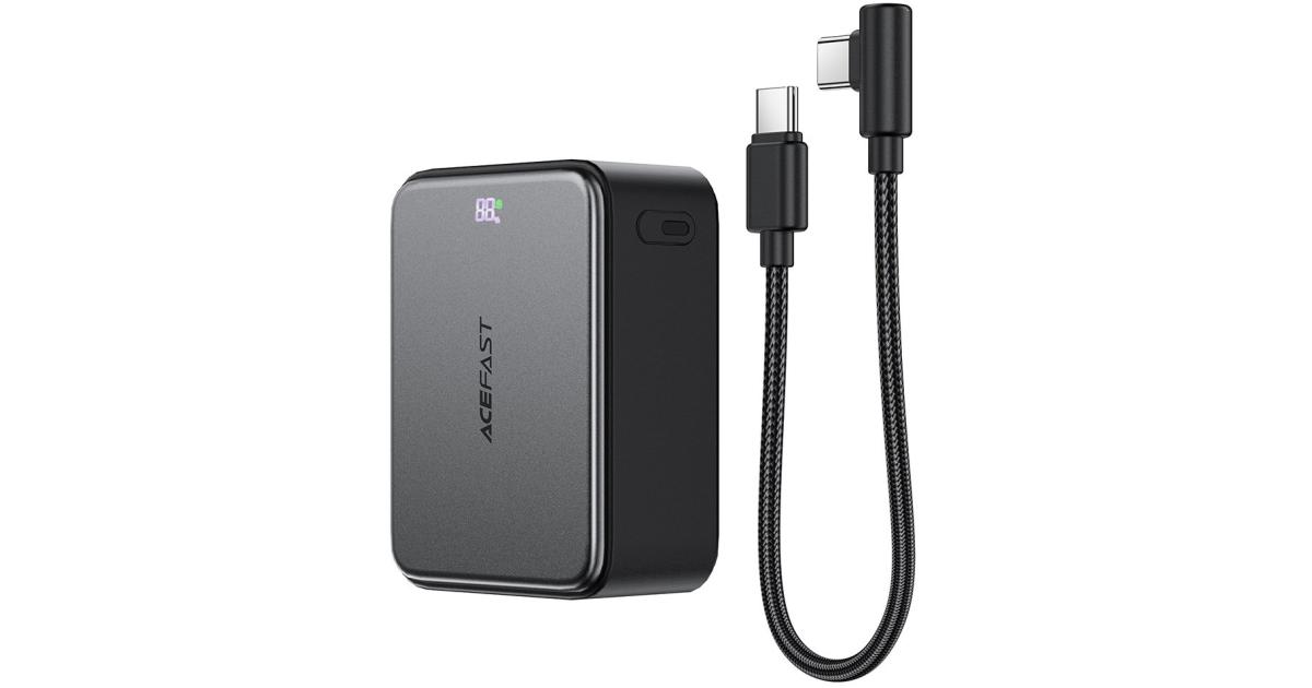 باور بنك (شاحن متنقل) ACEFAST M28 10000mAh LED digital display of battery charge level 22.5W Fast Charging 2 Type-C + USB-A Phone Charger with Cable - Gray