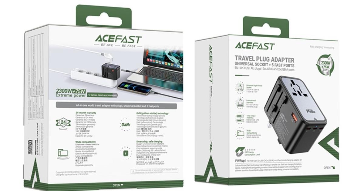شاحن ACEFAST Z1 PD 75W Fast 3 Type-C + 2 USB-A GaN Travel Power Socket with EU / UK / US / AU Plug - Black