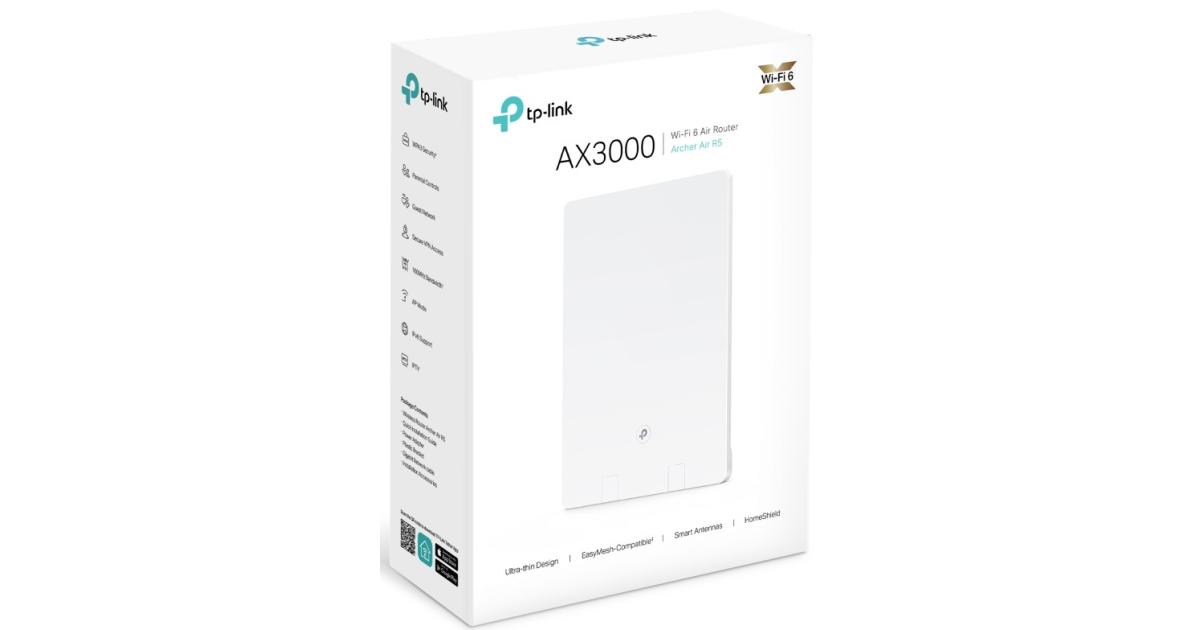 راوتر TP-Link Archer Air R5, AX3000 Dual-Band Wi-Fi 6 Air , 2402 Mbps @ 5GHz and 574 Mbps @ 2.4GHz, Ultra-Low Latency, Home Shield, Easy Installation, White
