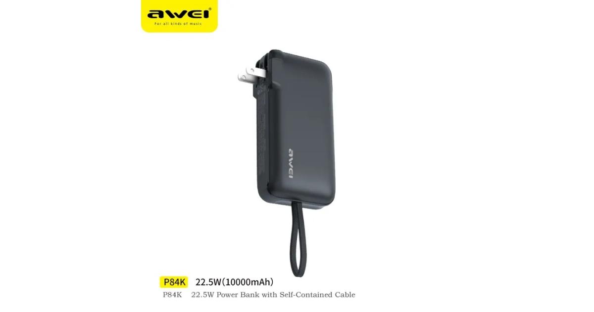 باور بنك (شاحن متنقل) Awei P84K with Built-in USB-C Cable & Plug, 10,000mAh 5V/4.5A Fast Charging 22.5W, Travel Essential Battery Pack for iPhone 16/15 Series, Samsung Galaxy, iPad