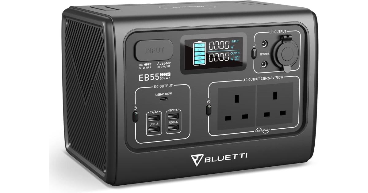 شاحن لاسلكي BLUETTI EB55 Portable Power Station 537Wh LiFePo4 Battery Power Generator with 2 230V 700W (Suger 1400W) AC Pure Sine-Wave Outlets, Mobile , Outdoor Solar Generator for Road Trip Home Use Vanlife Off-grid - Gray