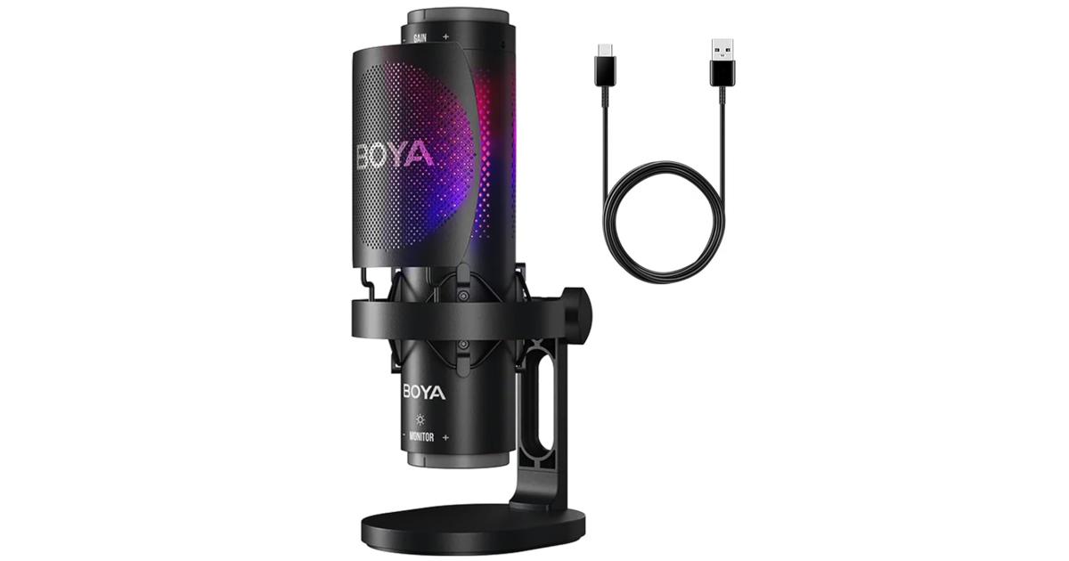 طقم ميكروفون مكثف للألعاب BOYA K9 RGB مع فلتر بوب وحامل للصدمات وغطاء وكابل USB-C - مجموعة ميكروفون بودكاست مثالية للبث والبث والألعاب (أسود)