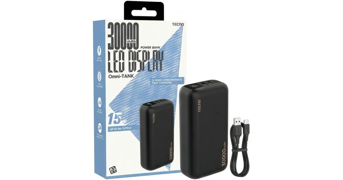 باور بنك (شاحن متنقل) Tecno Omni Tank 30000mAh Fast Charging , Multiple USB Outputs, Type-C Input, LED Display, Heavy Duty Design for Smartphones, Tablets & Travel - Black