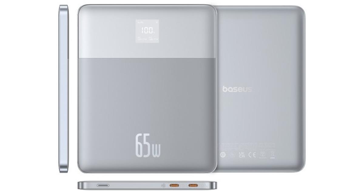 باور بنك (شاحن متنقل) Baseus Blade2 12000mAh | 65W Fast Charging Ultra Thin Digital Display Intelligent Edition Battery Pack For Laptop/MacBook & Phones - Silver