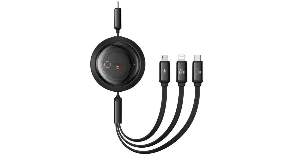 Baseus Free2Draw Retractable Crystal Fast Charging Data Cable Type-C to M+L+C 100W 1.1m Cluster Black