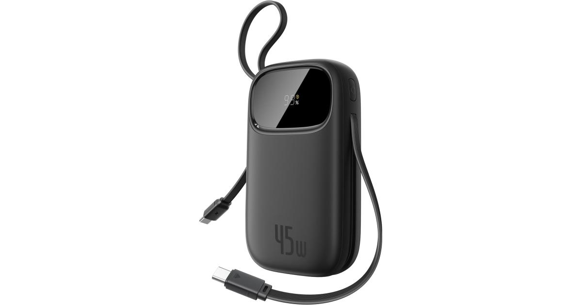 باور بنك (شاحن متنقل) Baseus Powerbank 20000mAh 45W with Integrated USB-C Cable, PD3.0 QC4.0 Fast Charging Battery Pack, 3 C and 1 A, Portable Charger for iPhone 17/Air/16/15/14 Pro Max, iPad, Galaxy, Black