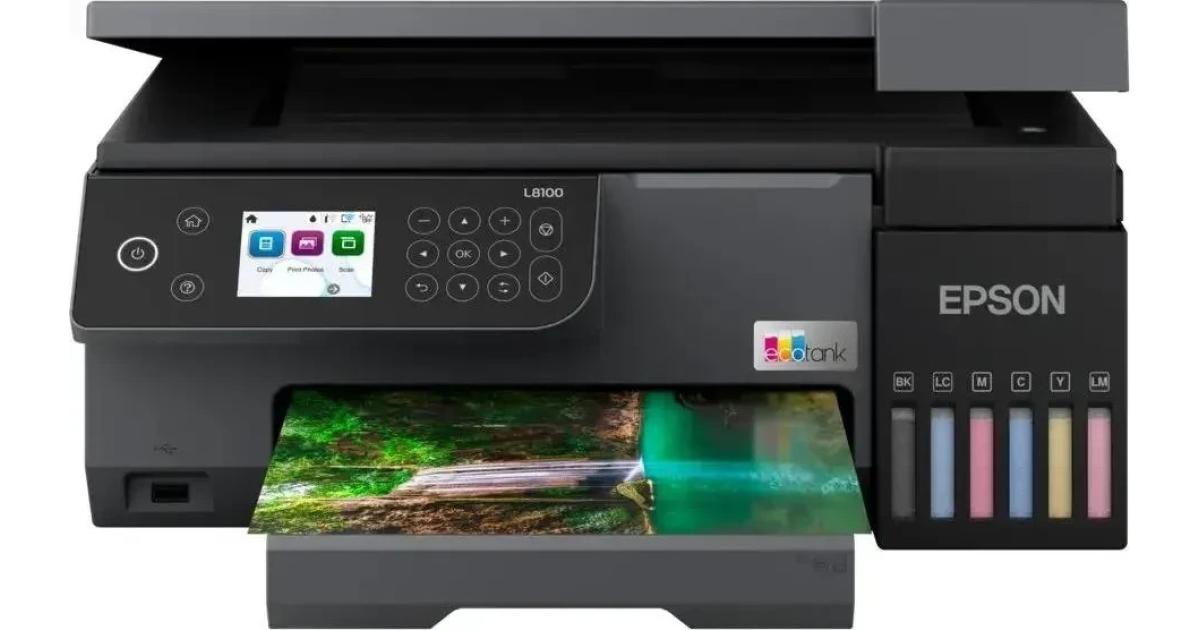 طابعة Epson EcoTank L8100 A4 3-in-1 Photo , Epson Smart Panel App, Ink Tank System, 5.400 Pages, 1.500 Photos Color Yield, 1200 DPI x 4800 DPI, 37dB Noise Level, Black
