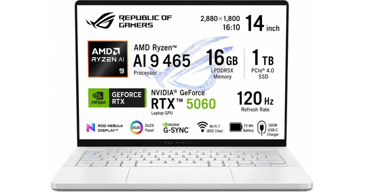 لابتوب ألعاب ASUS ROG Zephyrus G14 GA403GM-SY008 | Ryzen AI 9 465 | RTX 5060 8GB | 16GB LPDDR5X | 1TB SSD | 14" 3K OLED 120Hz | Platinum White