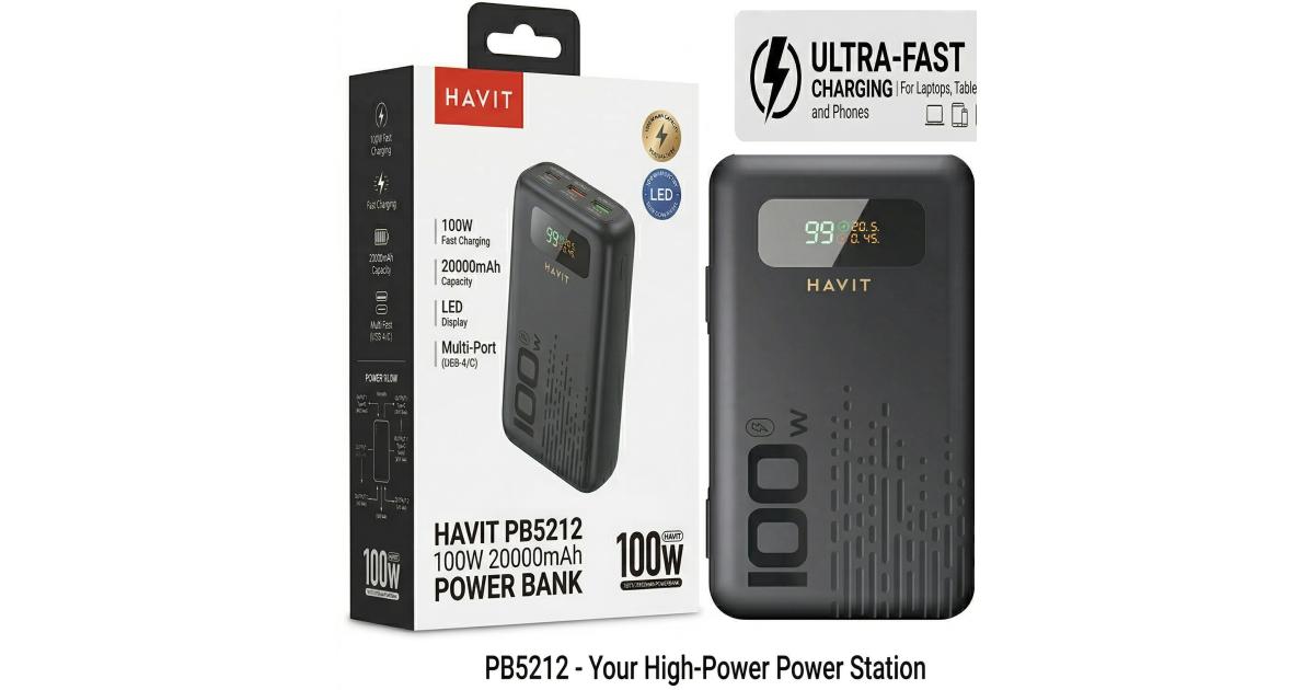 باور بنك (شاحن متنقل) HAVIT PB5212 20000mAh 100W Fast Charging , Multiple USB C Outputs, USB A , Smart Digital Display, Secure & Stable Charging for Laptops & Handheld , Smartphones, Tablets & Travel - Black