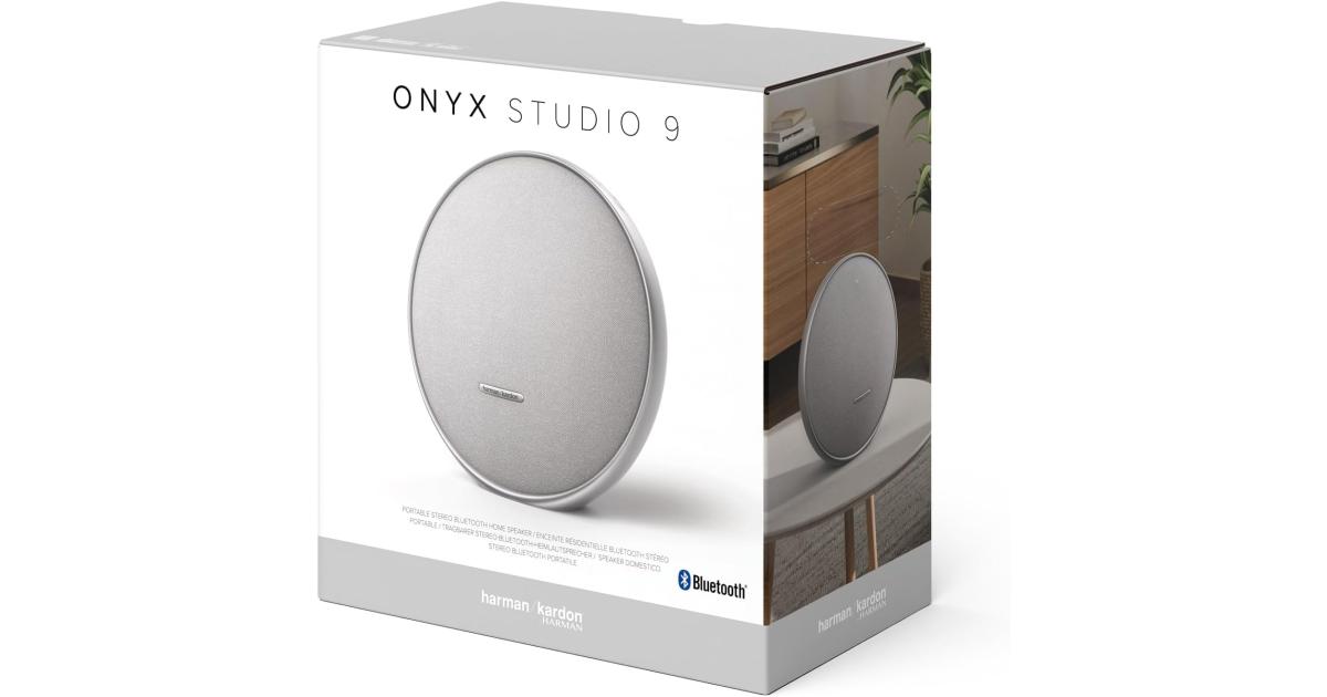 Harman Kardon Onyx Studio 9 Portable Speaker, 50W RMS Output Power, 1x 120mm Woofer, 3x 20mm Tweeter, Bluetooth 5.3 Connectivity, Type-C Port, Gray