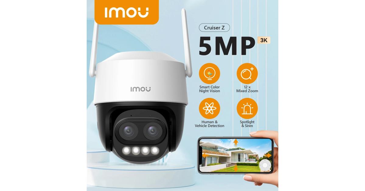 Imou Cruiser Z 5MP Wi-Fi Security Camera, 12x Mixed Zoom PTZ Camera with Dual Lens, H.265, Human & Vehicle Detection, Smart Tracking, 4-Mode Night Vision, IP66 Waterproof, 2-Way Talk, Supports SD/NVR