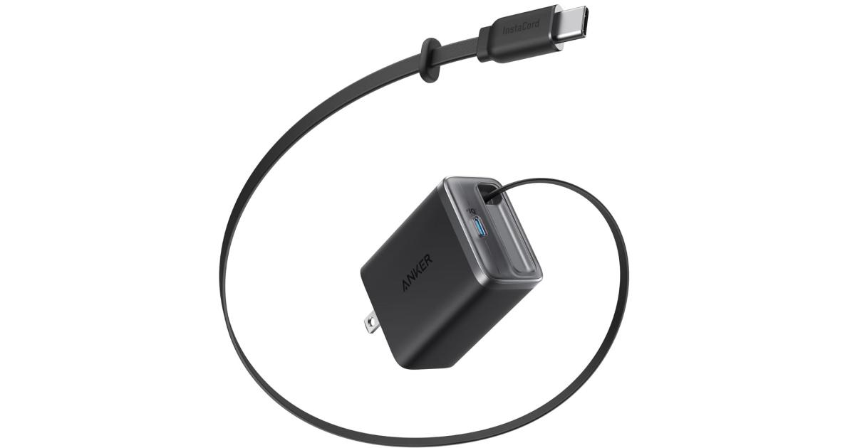 شاحن Anker Nano USB C Block, 35W Max 2-Port Compact with Durable Built-in Anker InstaCord Retractable Cable, with iPhone 17/16/15 Series, iPad, and More - Black