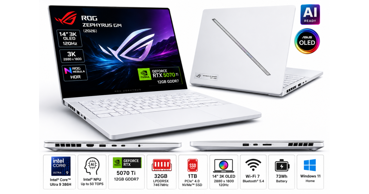 لابتوب ألعاب ASUS ROG Zephyrus G14 (2026) GU405AR-SY015 | Intel Core Ultra 9 386H | RTX 5070 Ti 12GB | 32GB LPDDR5X | 1TB SSD | 14" 3K OLED 120Hz | Platinum White