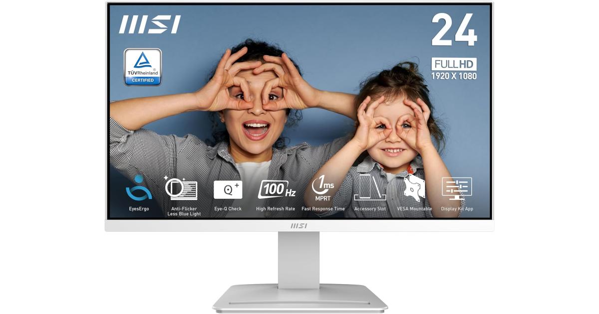 MSI PRO MP2412W 24" Full HD 100Hz Less Blue Light PRO VESA Mountable Accessory Slot Design Tilt-Adjustable HDMI & DP - White