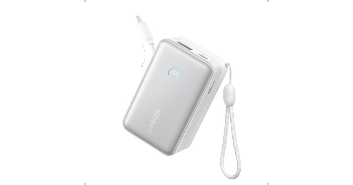 باور بنك (شاحن متنقل) Anker Nano , 10,000mAh Portable Charger with 2.3 ft InstaCord Retractable Cable, 45W Max Compact Battery Pack, Smart Display, for iPhone 16 Series, iPad, Galaxy, Pixel, and More - White