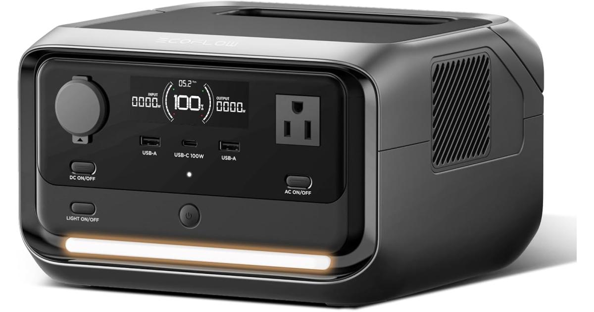 EcoFlow RIVER 3 Plus Portable Power Station (600W rated output and 1200W X-Boost), 245Wh Capacity, 600W Rated Output, 20ms UPS , 30dB Whisper Quiet, 1-hr Fast Charging, IP54 Waterproof Rated Battery Pack, Grey
