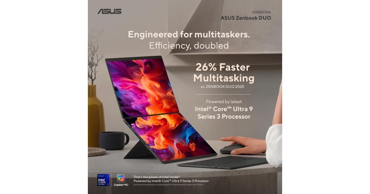 لابتوب ASUS Zenbook DUO (2026) UX8407AA-SN099W Dual-Screen AI | Intel Core Ultra 9 386H | 32GB LPDDR5X | 2TB SSD | Dual 14" 3K OLED Touch 144Hz | Windows 11 Home | 90NB16V1-M008H0