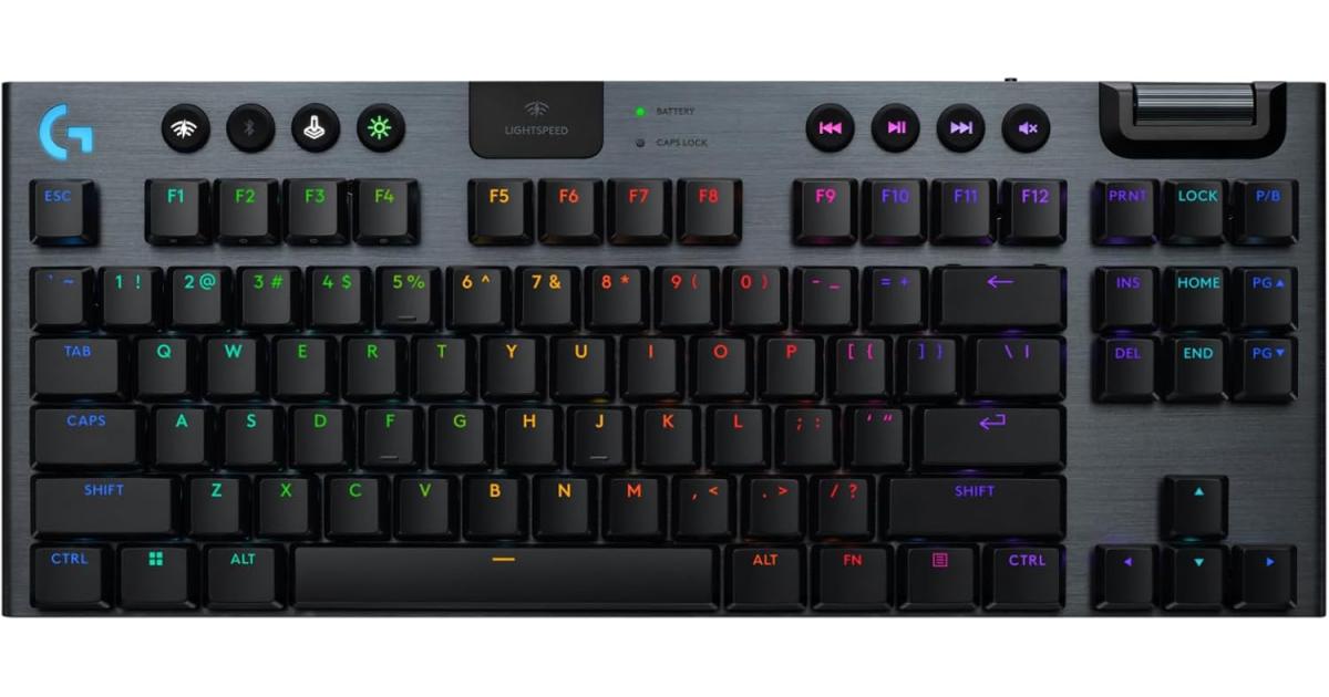 كيبورد ألعاب ميكانيكي Logitech G915 X Lightspeed TKL Wireless , Double-Shot PBT Keycaps, Fully Programmable Keys, RGB Backlit Mac/PC Gaming Keyboards, Aluminum Finish, GL Clicky Switches - Black Color