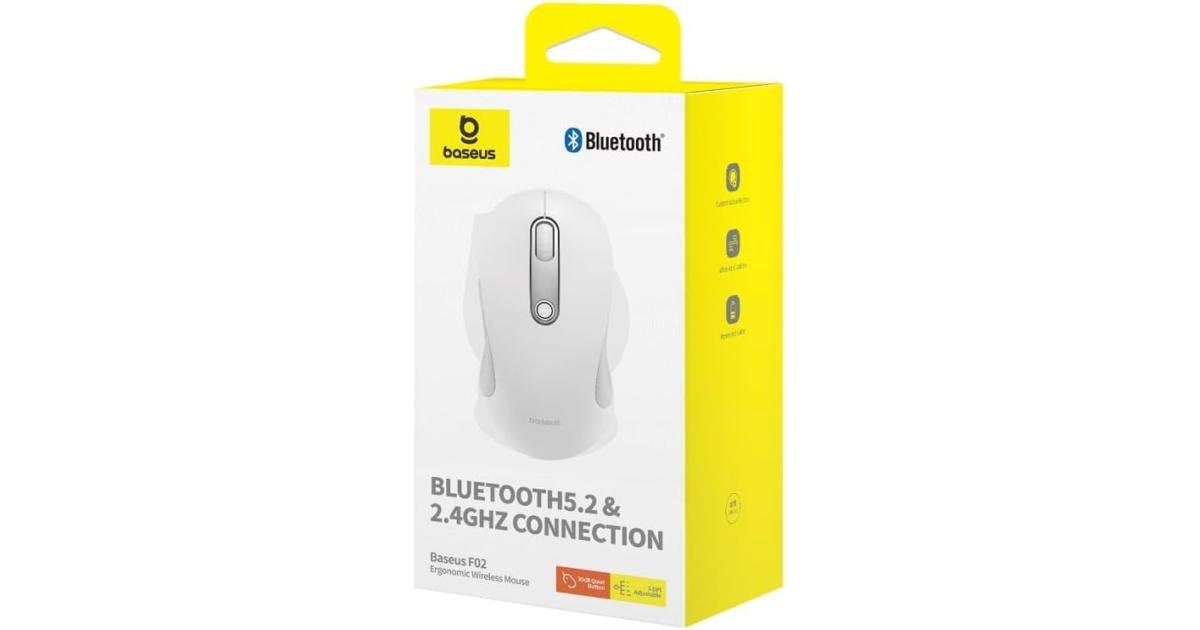 ماوس لاسلكي Baseus F02 Ergonomic Dual-Mode | Bluetooth 5.2 and 2.4Ghz Connectivity, Silent Buttons, 5 DPI Modes - White